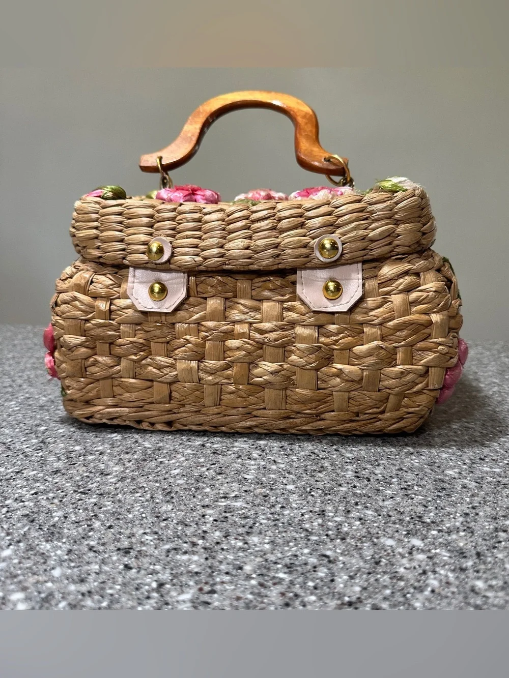 Vintage Woven Straw Basket Box Purse Handbag Wood Handle Raffia Flowers 10x6” - Picture 2 of 10